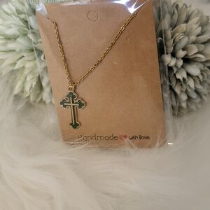 Gold and Green Cross Necklace